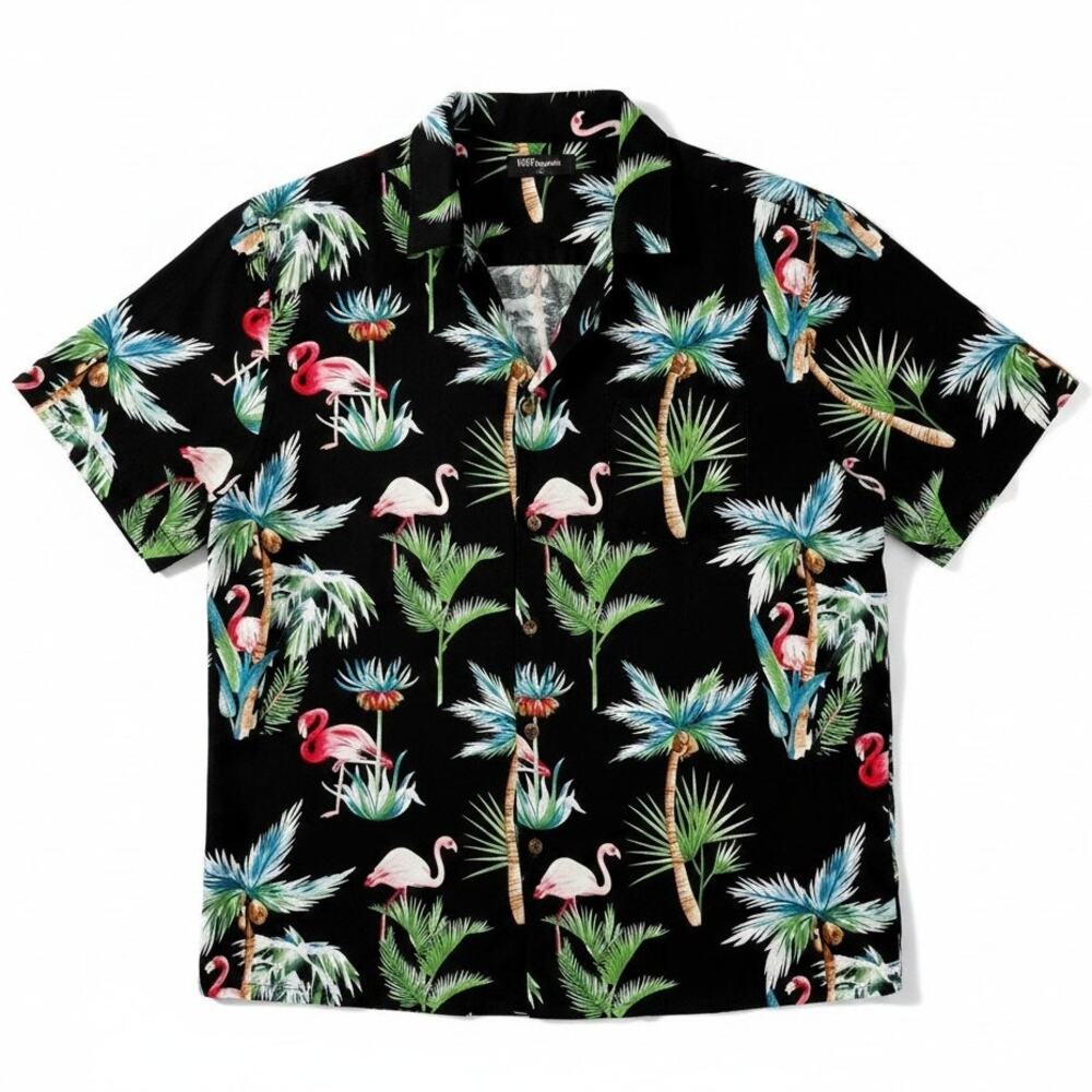 Woof Republic Men's Large Rayon Tropical Hawaiian Vacation Resort Shirt Flamingo